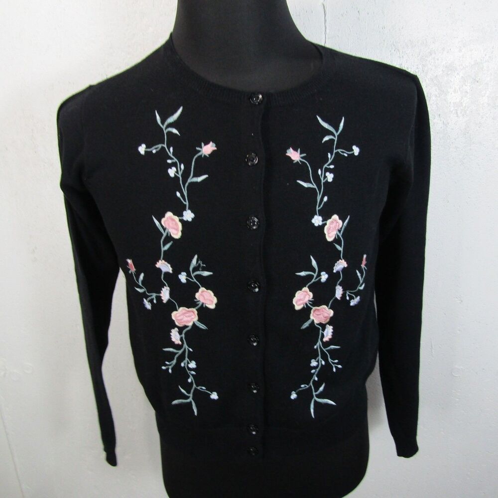 Villager Women's Black Embroidered Floral Button Front Cardigan Sweater Size S